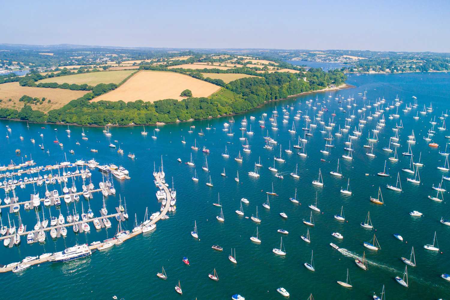 Aerial view of boats on the water at Mylor Harbour