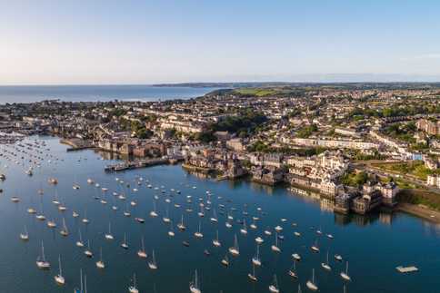 Drone Image of Falmouth Harbour. Boats are on the water.